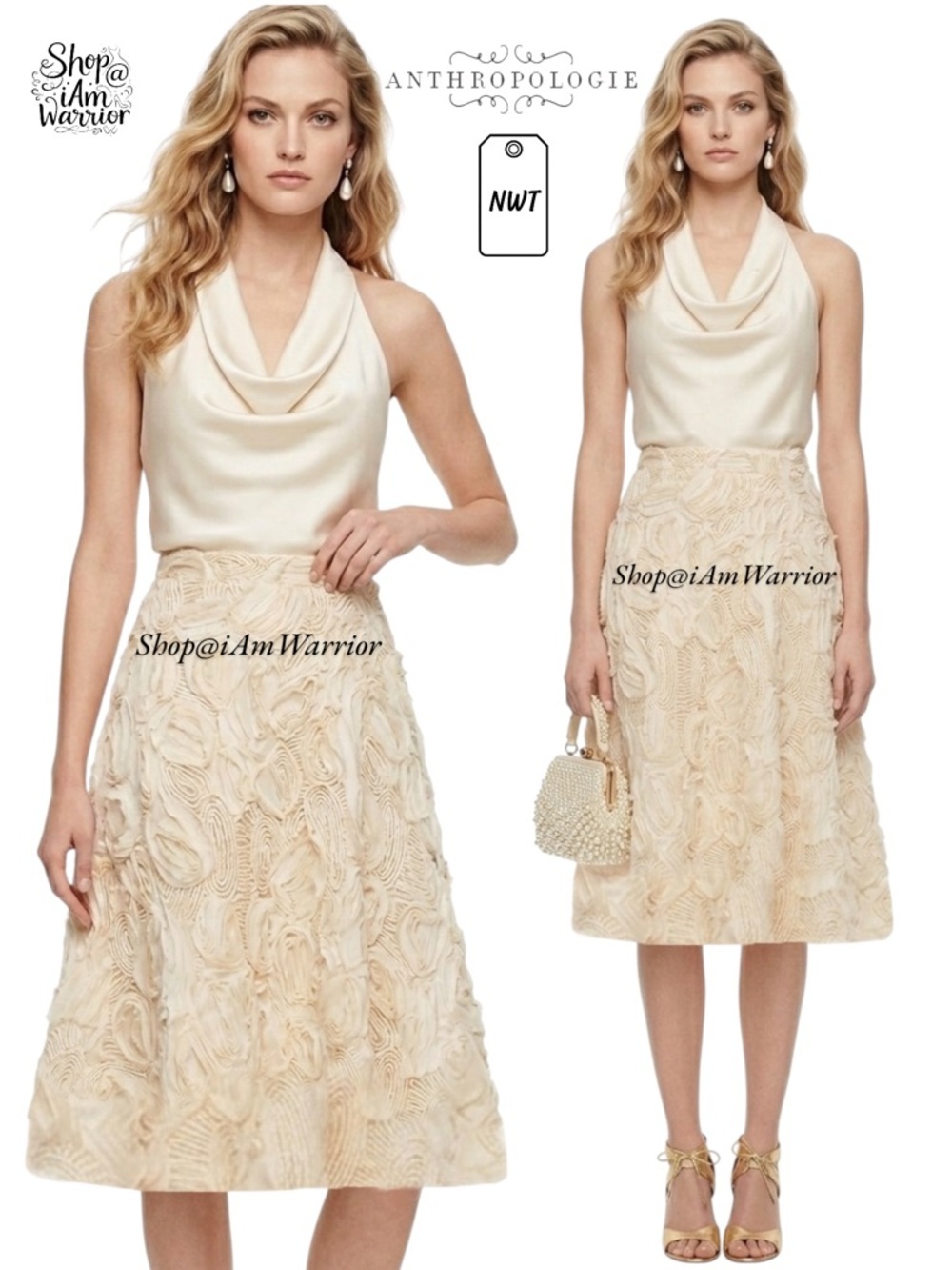 Anthropologie NWT HD in Paris soft floral rosette appliqué a-line midi skirt